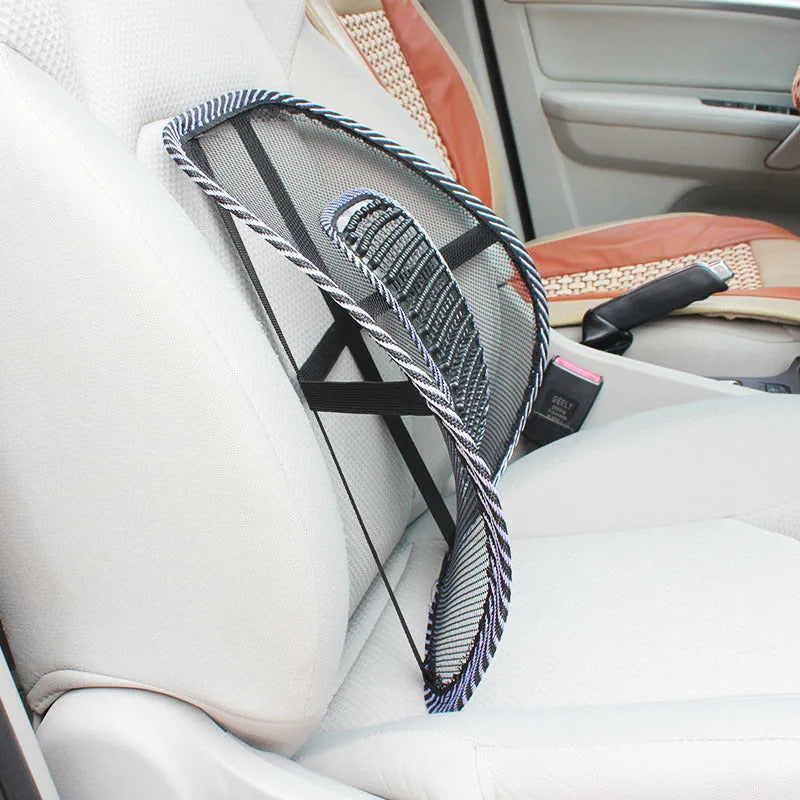 Black car lumbar support pillow with steel wire frame showing leather nail summer pattern
