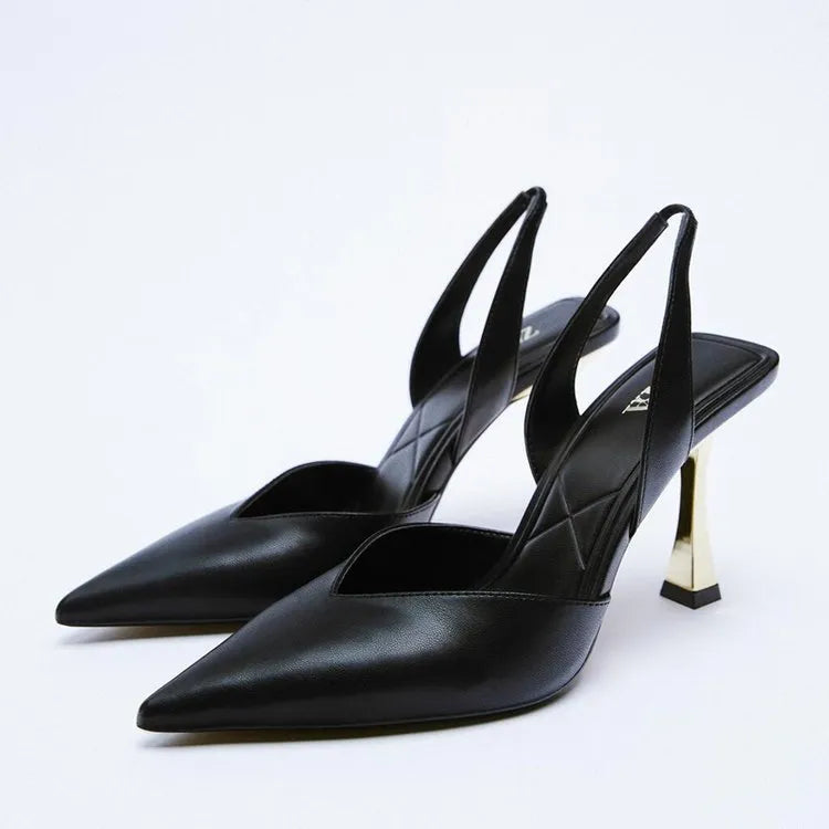 Korean style women's pointed toe high heels in patent leather with shallow mouth design in black and apricot colours
