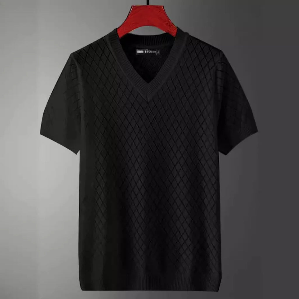 Men's Korean style ice silk V-neck T-shirt in black colour for summer leisure wear