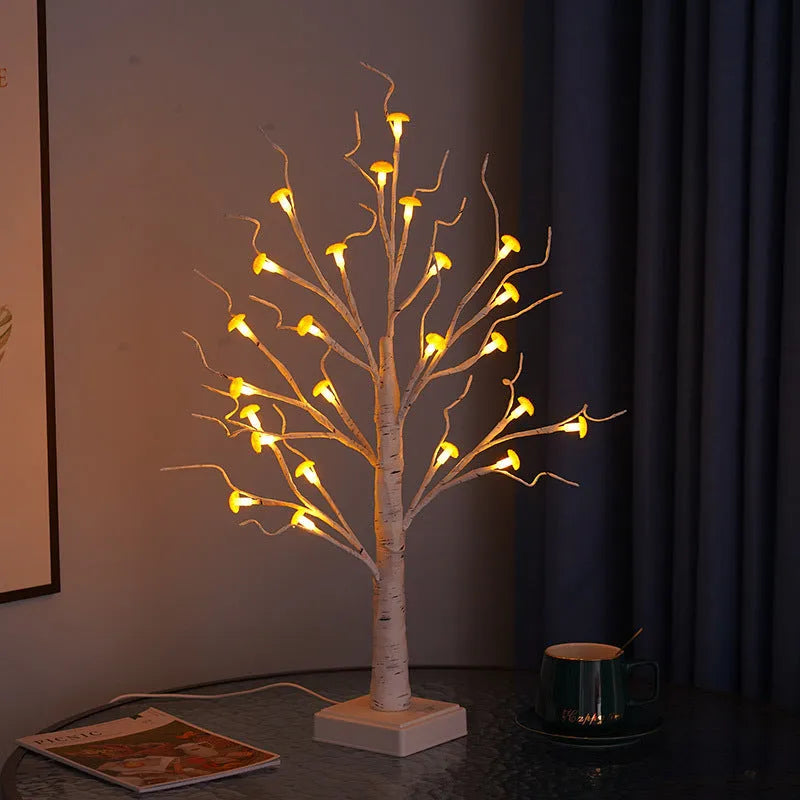 60cm tall birch tree LED lamp with 24 white mushroom decorations glowing with warm white light