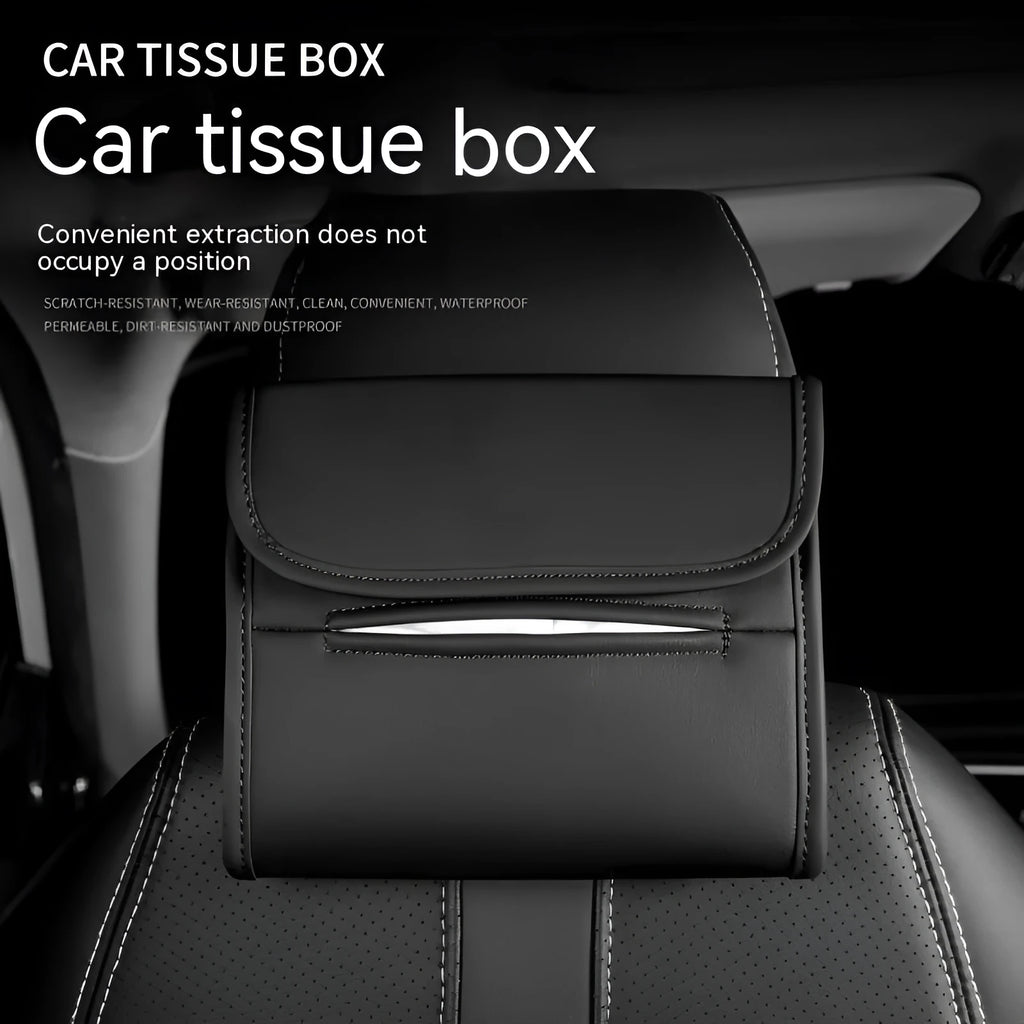Leather car tissue box holder with elastic band for seat back installation in vehicle