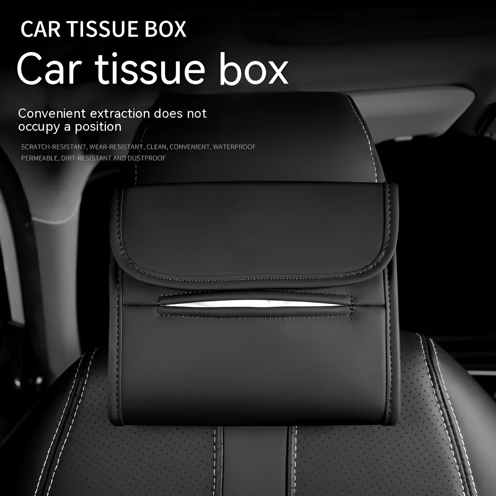 Leather car tissue box holder with elastic band for seat back installation in vehicle