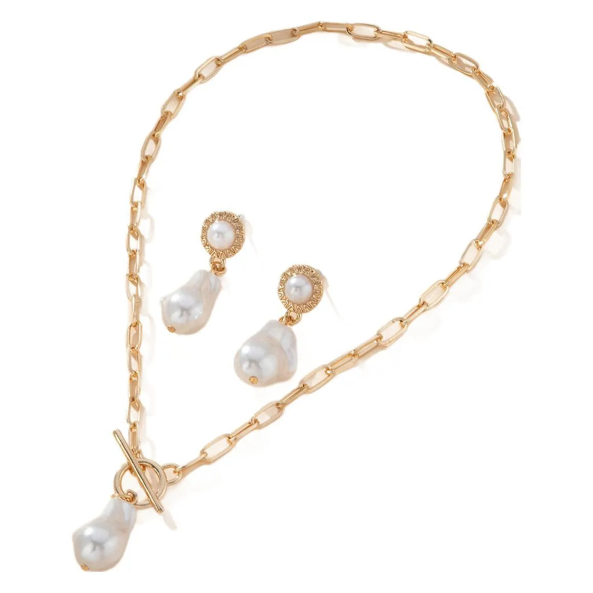 Gold-tone baroque pearl necklace and earrings 2-piece jewellery set for women