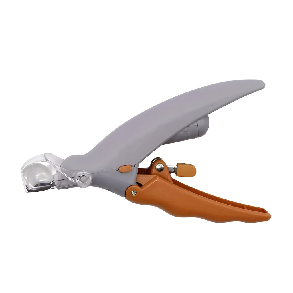 Yellow pet nail trimmer with LED lights, magnifying glass, and comfortable grip for cutting cat and dog claws.