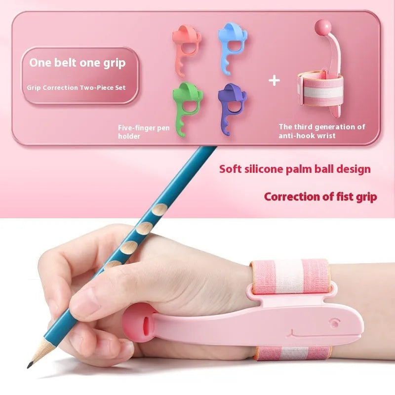 Blue anti-hook wrist brace pen corrector for children's handwriting posture on a desk.