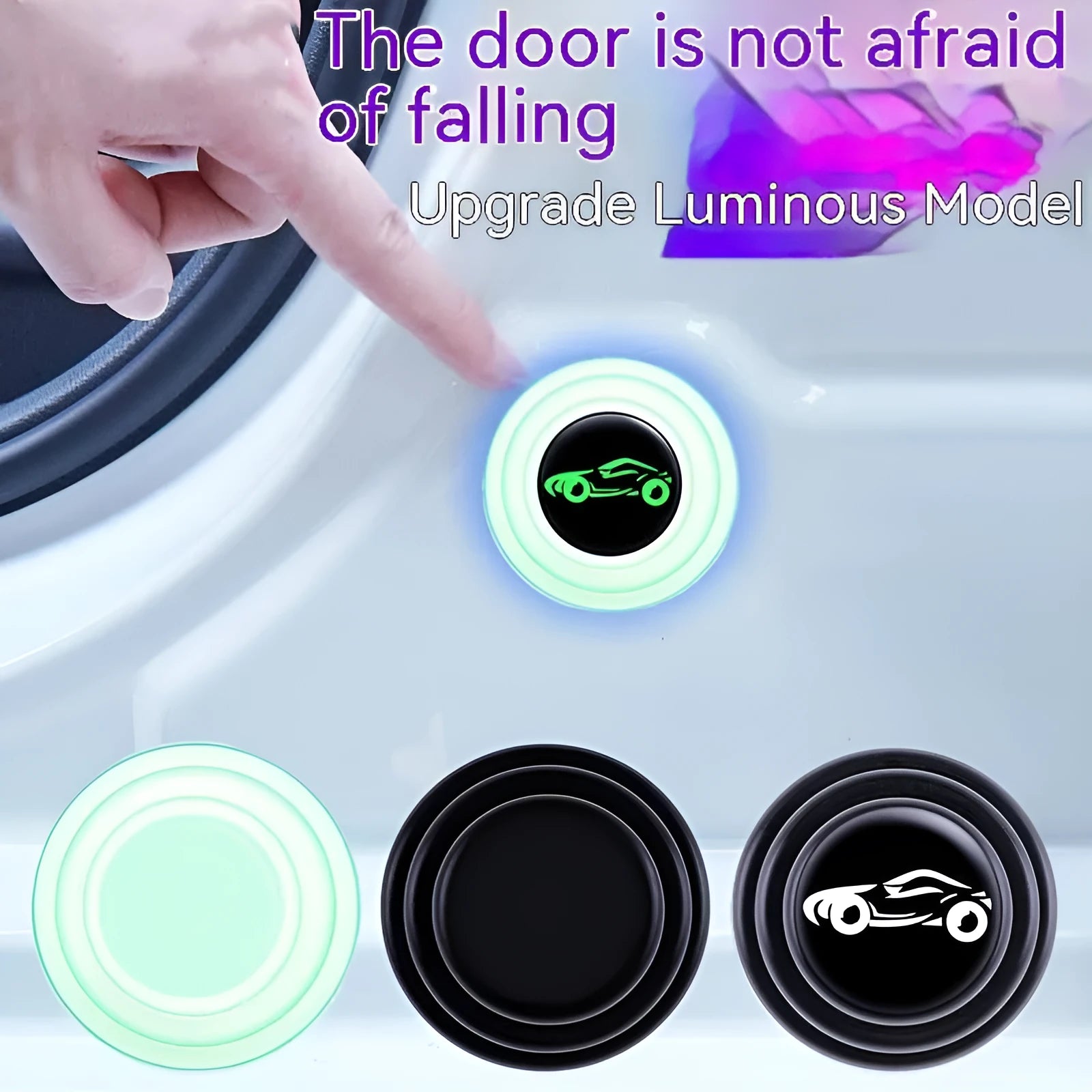 Set of four round, 20mm diameter silicone car door shock pads in black and luminous colours on a car door edge.