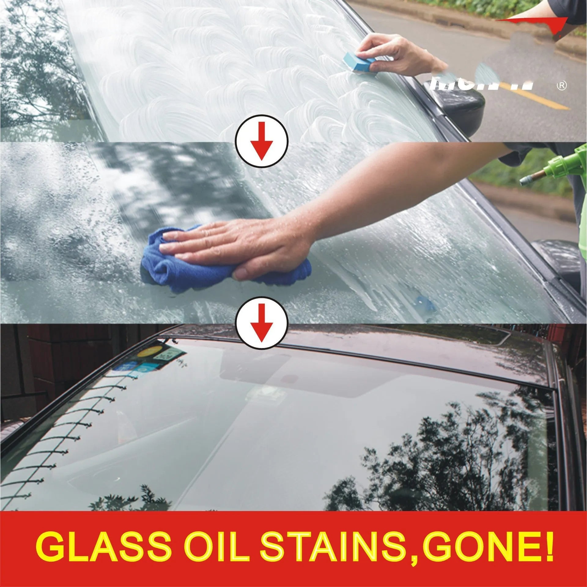 Automotive glass anti-fog cleaning product with 15ml rainproof spray in white English packaging