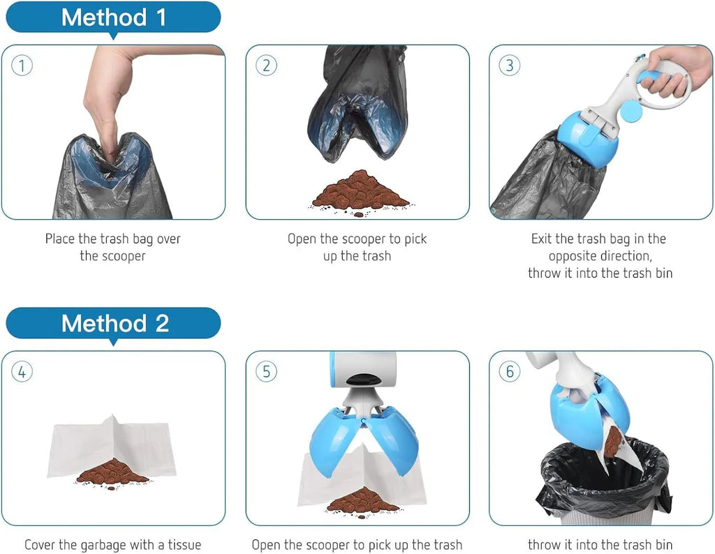 Black ABS plastic pet pooper scooper with built-in trash bag holder and a top carrying hook