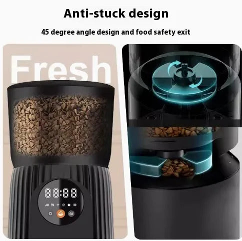 Black and white automatic intelligent pet feeder with digital display and food bowl.