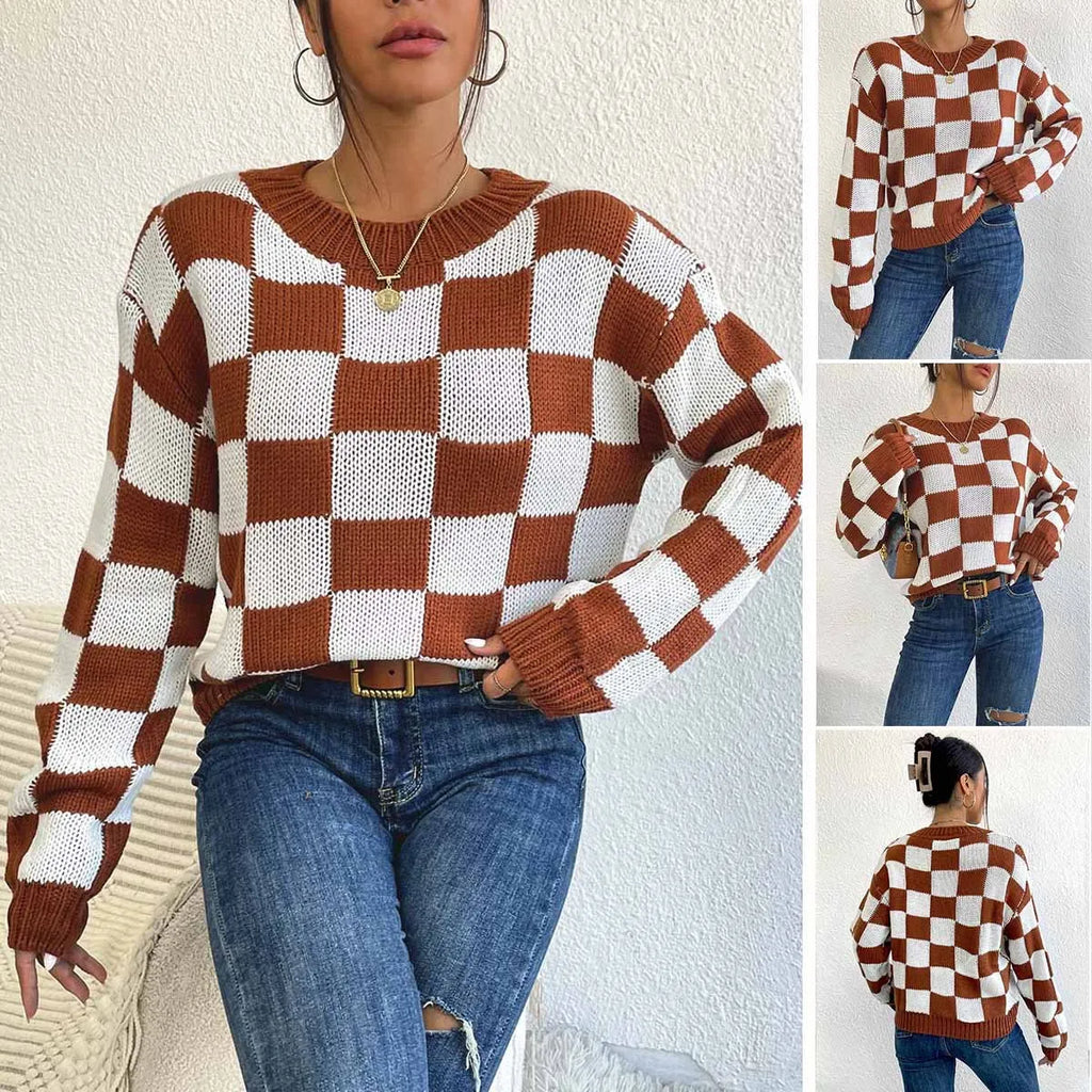 Dark brown plaid pattern acrylic pullover sweater with round neck and long sleeves on hanger