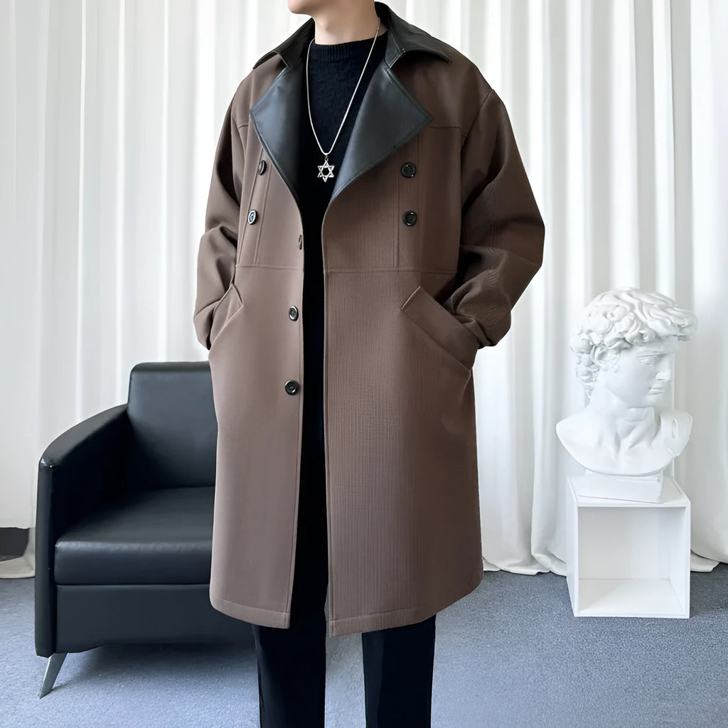 Men's solid colour loose fit youth trench coat in black, Korean winter style with patch pockets