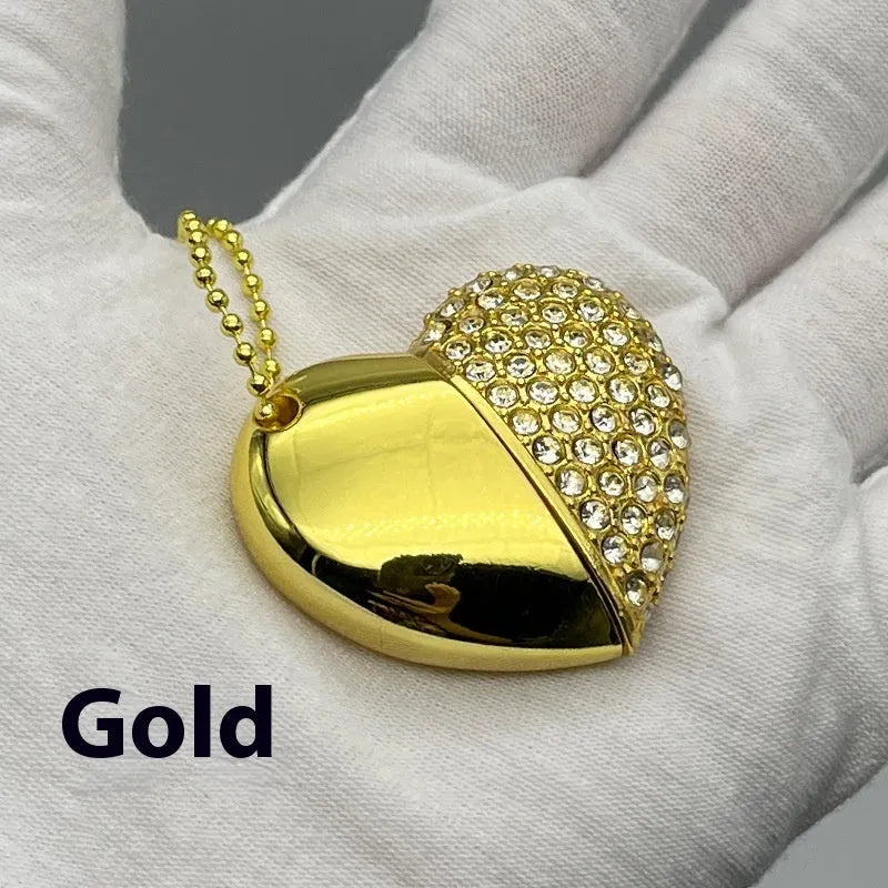 Heart-shaped metal USB flash drive with a brick pattern, showing colour options and USB connector.