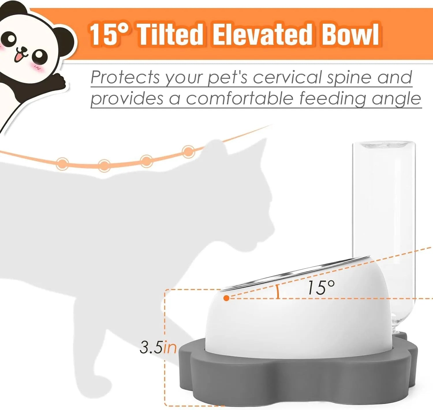 Grey panda-shaped tilted pet bowl set with stainless steel dish and automatic water bottle