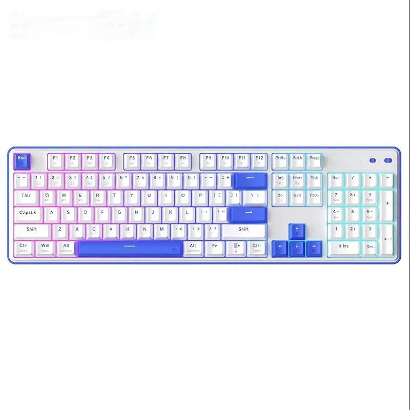 Three-mode mechanical keyboard with 104 keys in various colour options on a desk