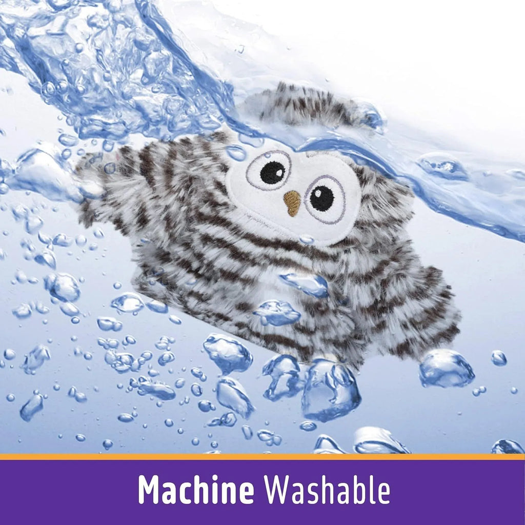 Grey automatic chirping owl cat toy with flapping wings on a plain background