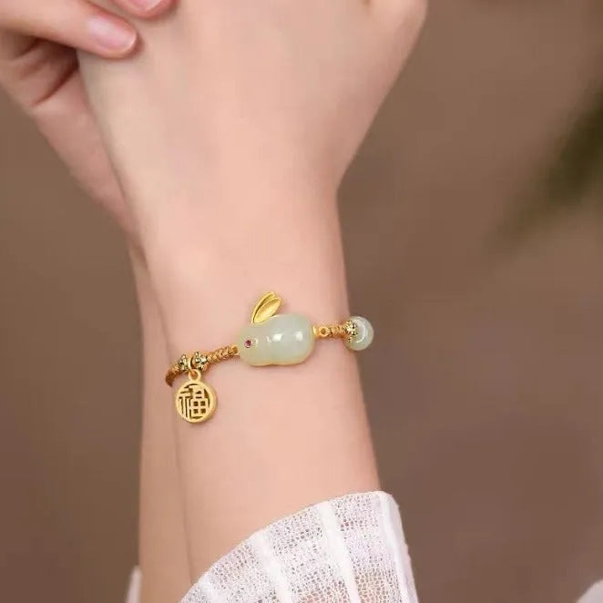 Hetian jade rabbit charm bracelet with yellow string for women