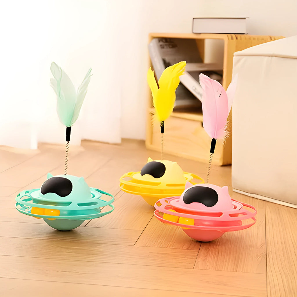 Pink cat tumbler turntable toy with moving stick measuring 17x10cm for interactive feline play