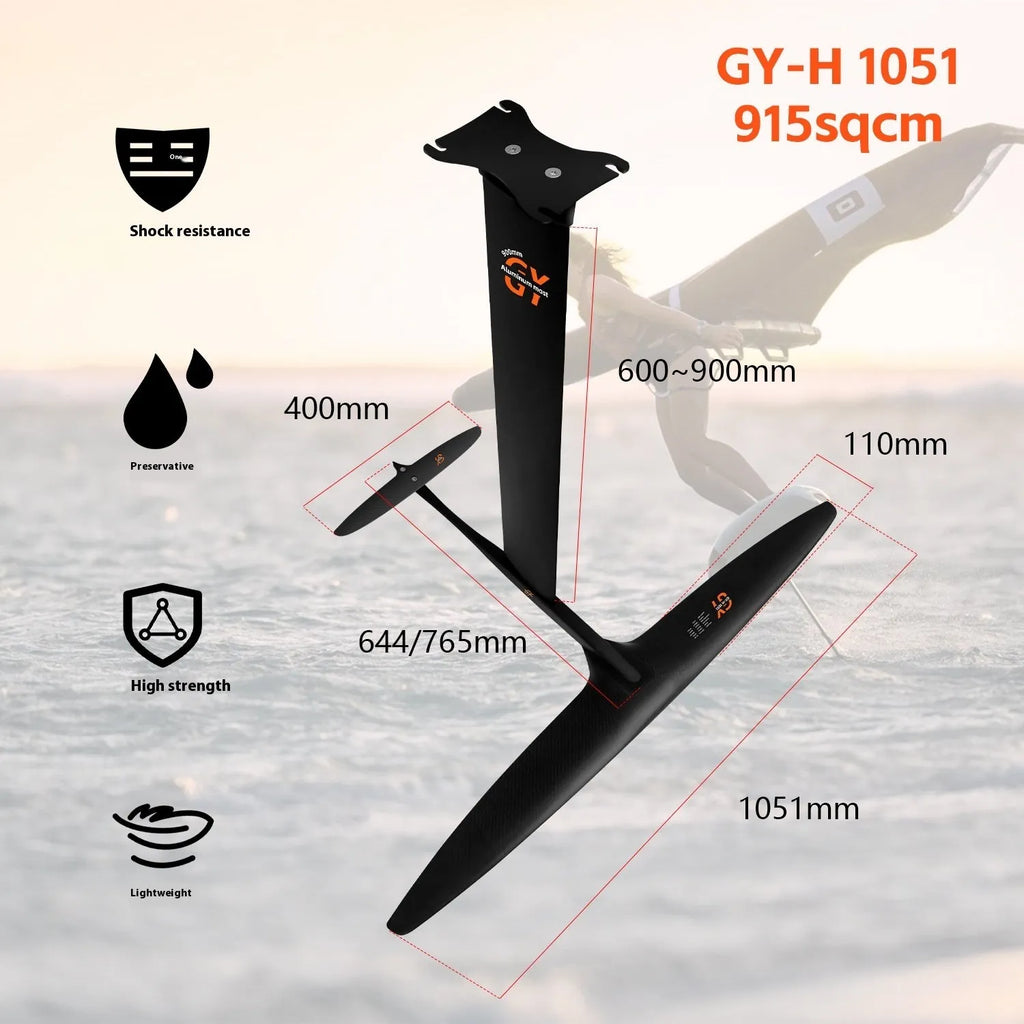 Black carbon fibre racing hydrofoil board with aluminium alloy construction and 1051mm front wing