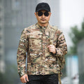 Black tactical soft shell mountaineering jacket for outdoor camping and winter sports
