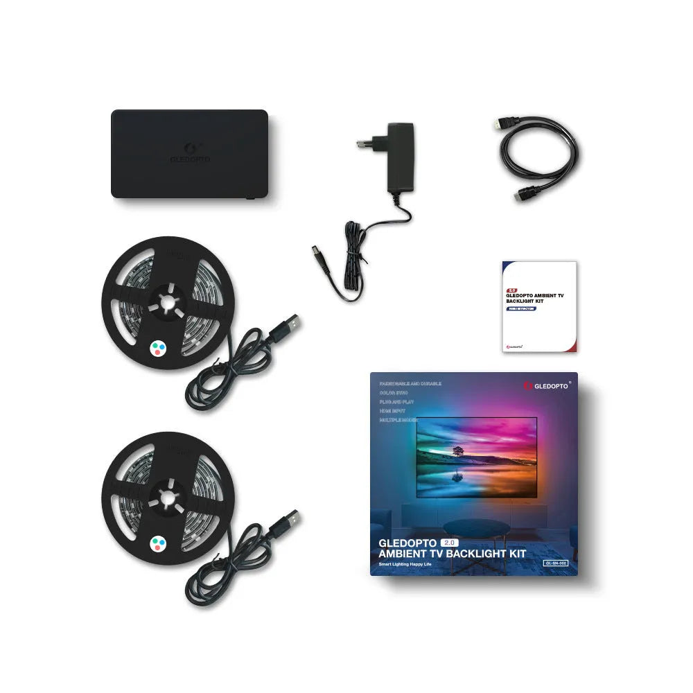 HDMI SYNC RGB LED light strip and 4K display junction box kit with cables for PC and TV backlighting