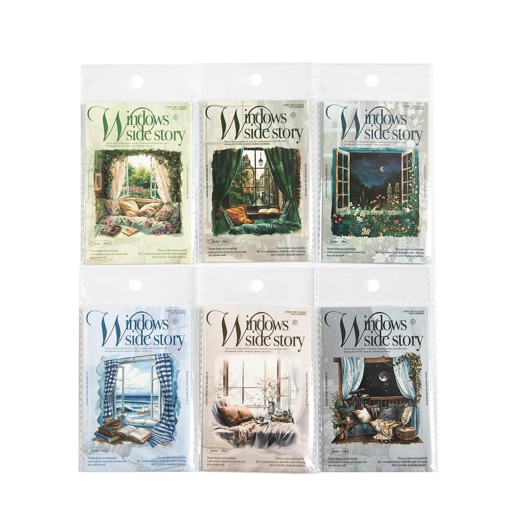 Set of six retro window scene decorative stickers for journals, showing garden, seaside, and street corner designs.
