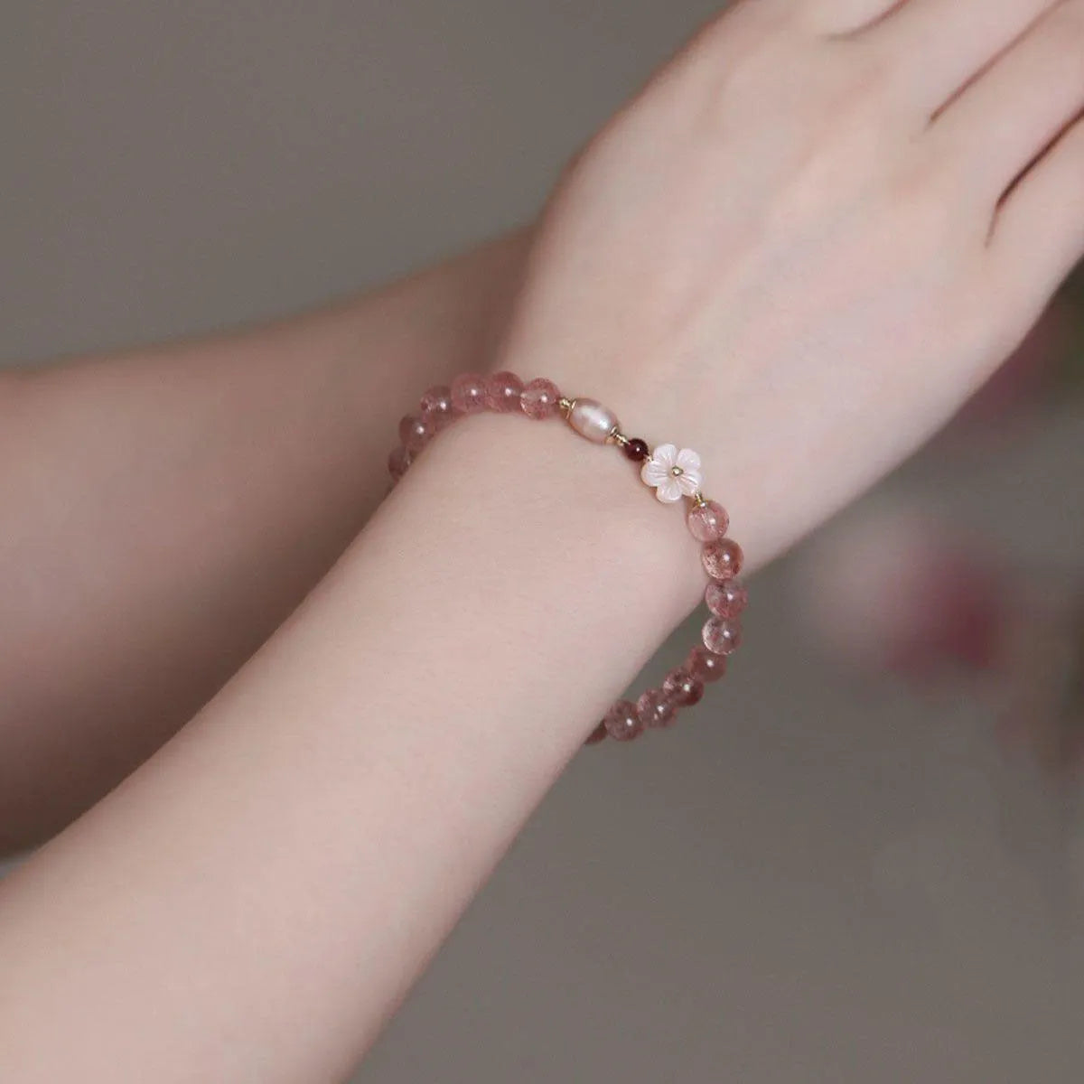 Strawberry quartz crystal bracelet with peach blossom flower design for women