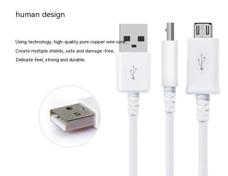 Black and white Android micro USB data and charging cable, 1 metre long with PVC insulation.