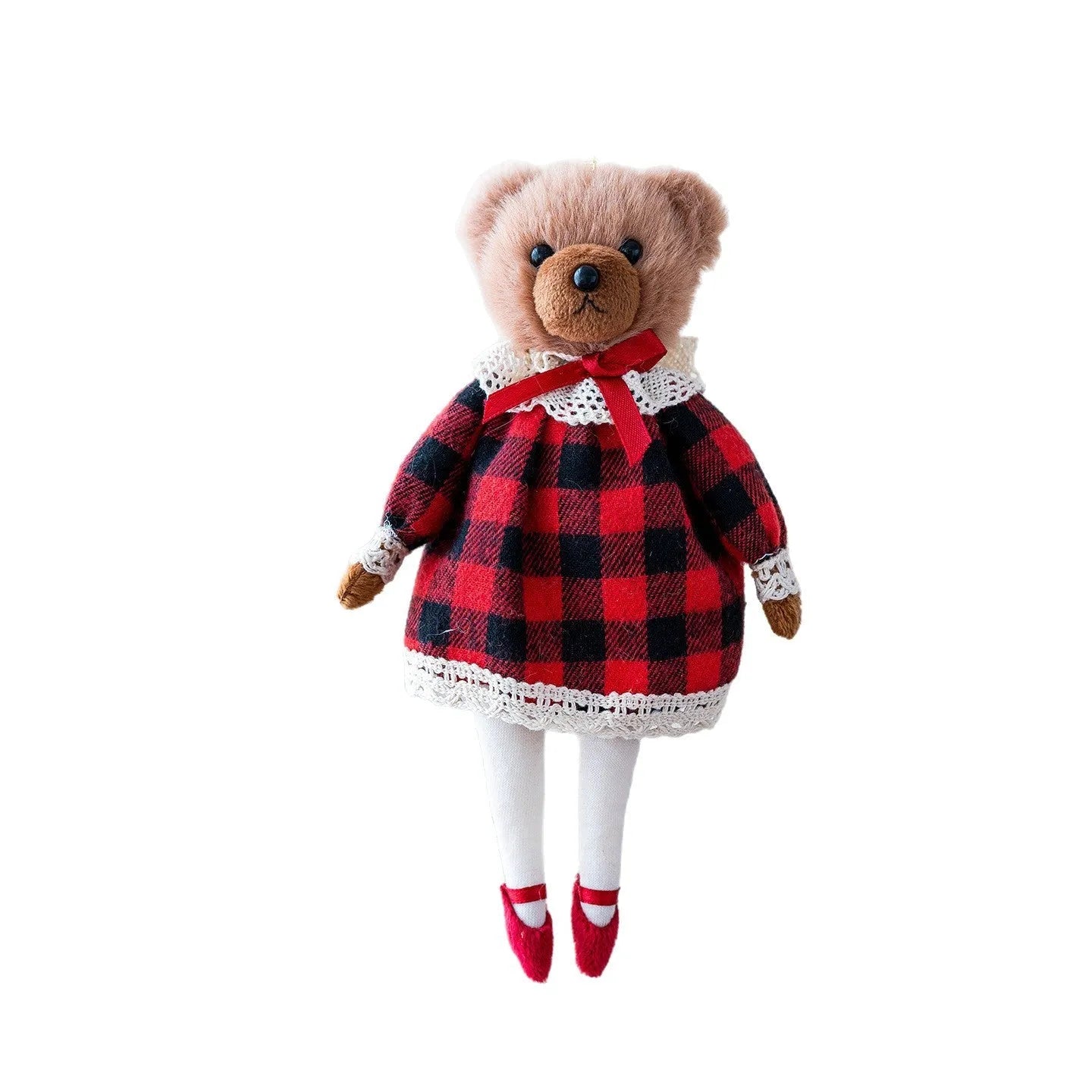 Cartoon style plush bear doll with plaid body cloth suit in Princess or Gentleman design