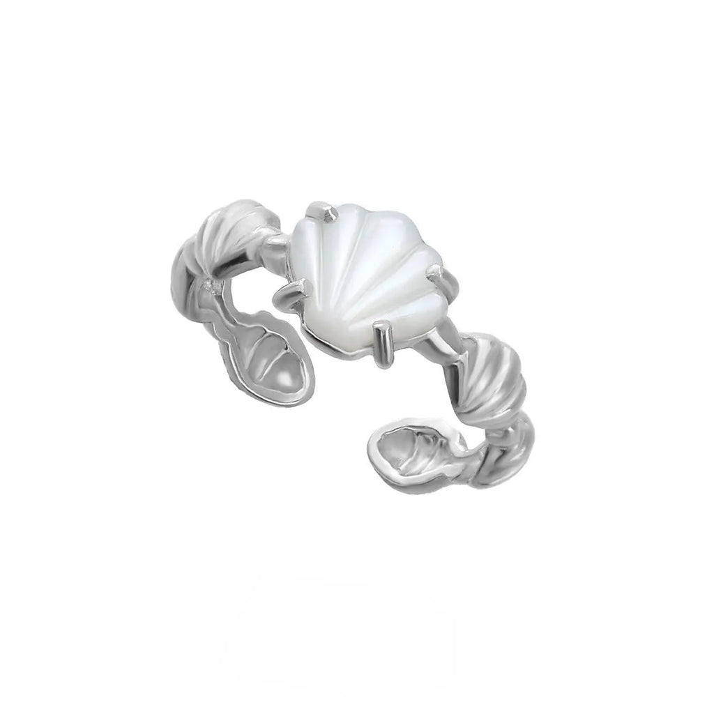Women's sterling silver ring with shell element, tiger eye accents, and adjustable opening in gold electroplated finish