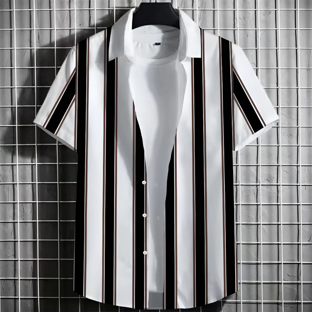 Man wearing a striped linen short sleeve t-shirt with a 3D printed graphic design.