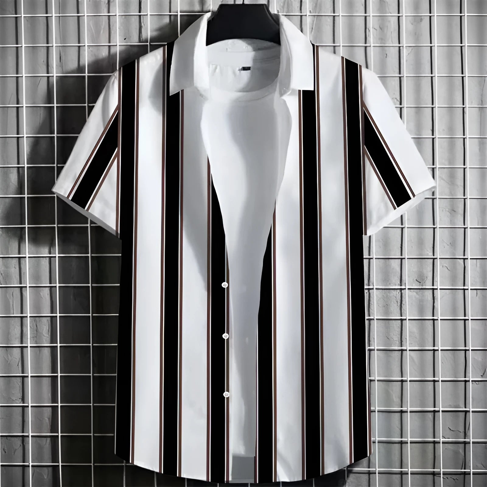 Man wearing a striped linen short sleeve t-shirt with a 3D printed graphic design.