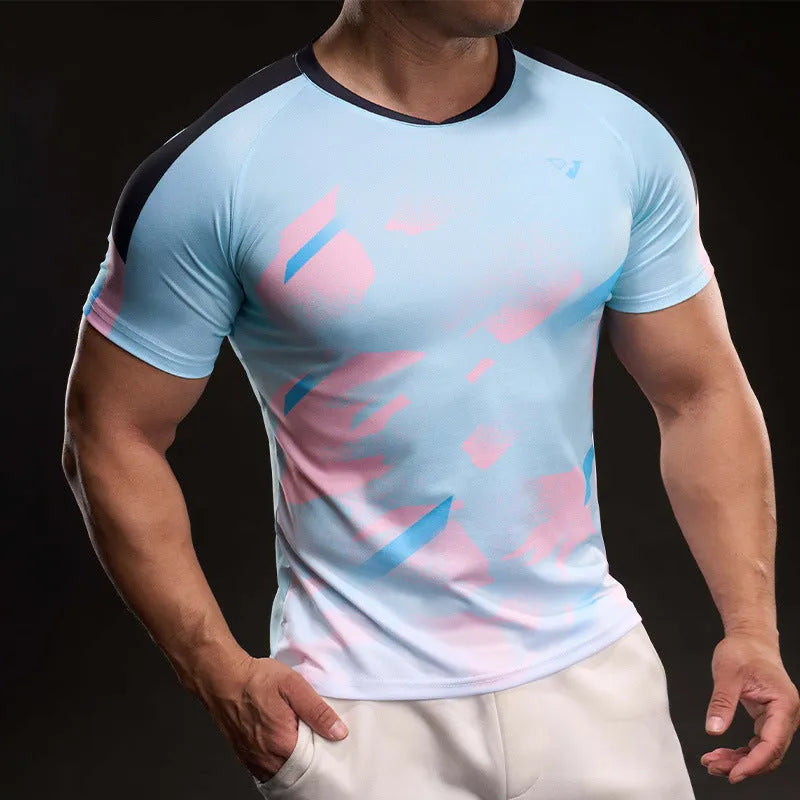 Men's blue quick-drying polyester fibre short sleeve running T-shirt on white background