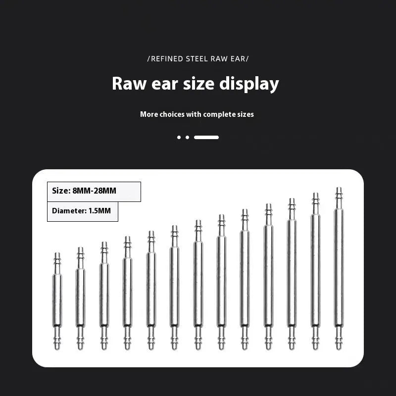 Watch repair parts set showing bolts, auricular needles, springs, and shafts in sizes 21mm to 26mm