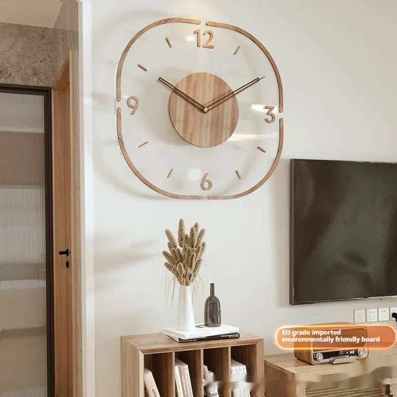 Transparent wooden frame wall clock in 35cm square modern design for living room or office