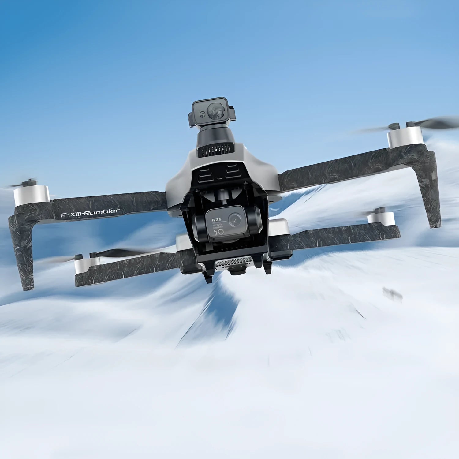 White folding quadcopter drone with camera, remote controller, batteries, and shoulder bag.