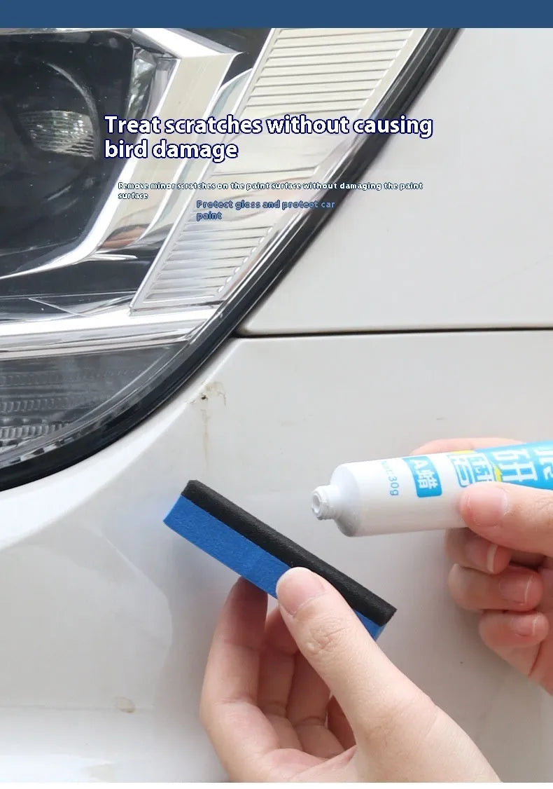 Car repair wax kit with Scratch Removal A Wax, Brightening B Wax, and a frosted sponge mop for paint restoration.