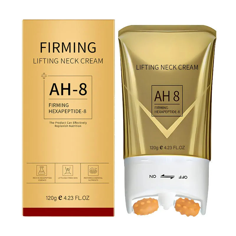 Jar of 120g roller neck cream for firming and wrinkle reduction with massage applicator.
