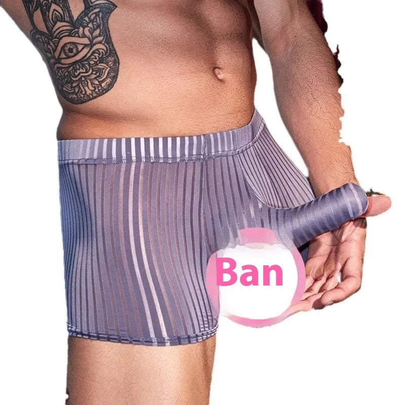 Men's black stripe boxer briefs with vertical pattern and elastic waistband