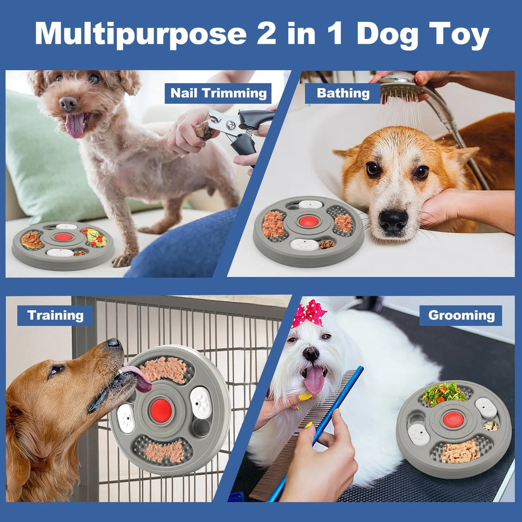 Grey and blue PP plastic dog slow feeder bowl with grooves and anti-slip pads on a white background
