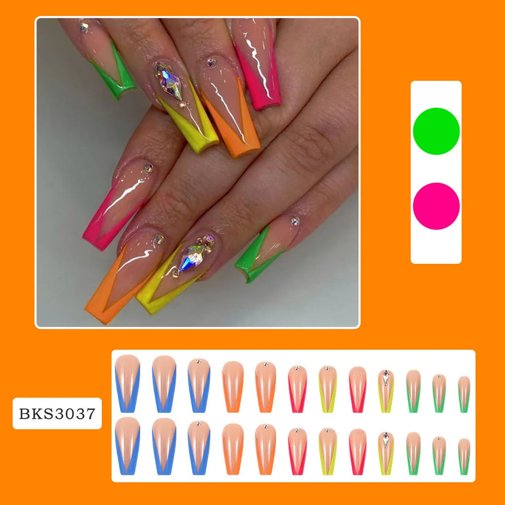 Detachable press-on nail tips in diamond colour French style with a red cartoon love cross heart pattern.