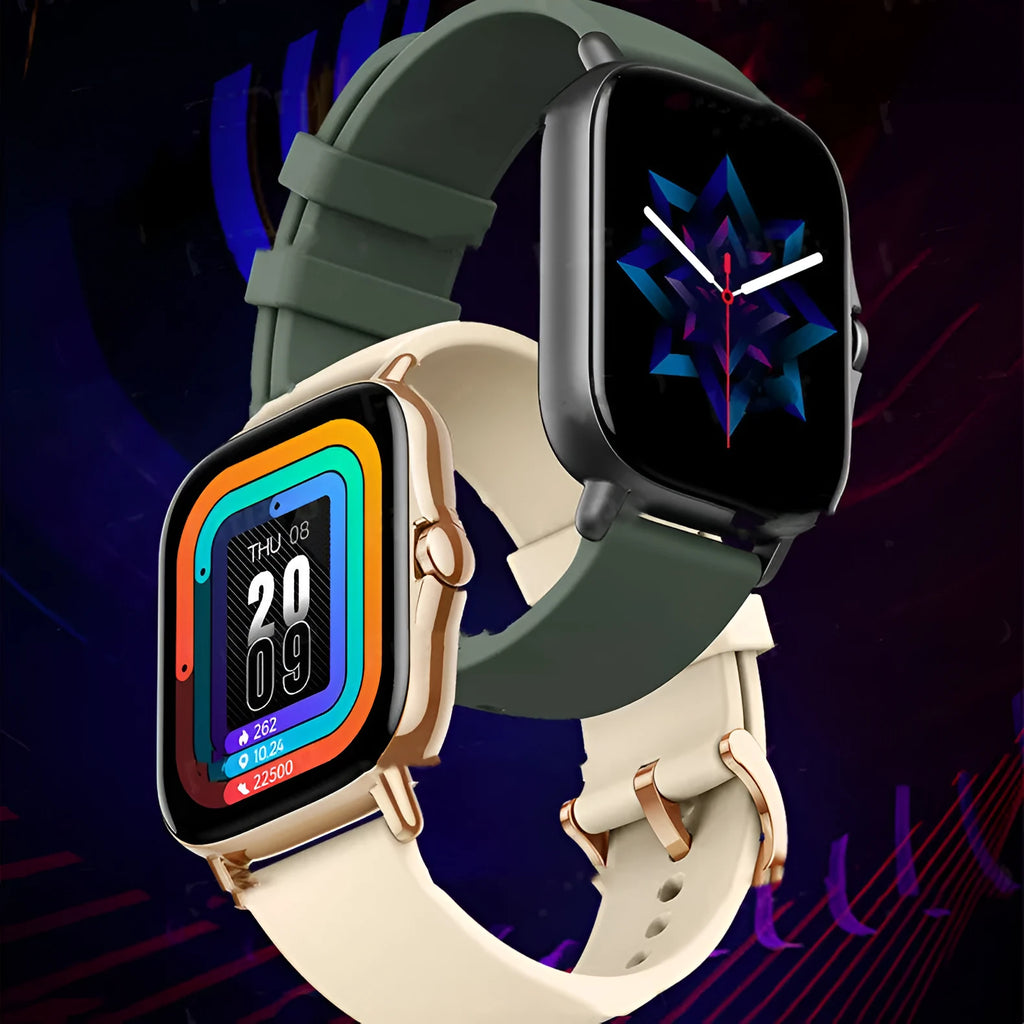 GT20 smart watch with black alloy case and silicone band showing heart rate reading on screen