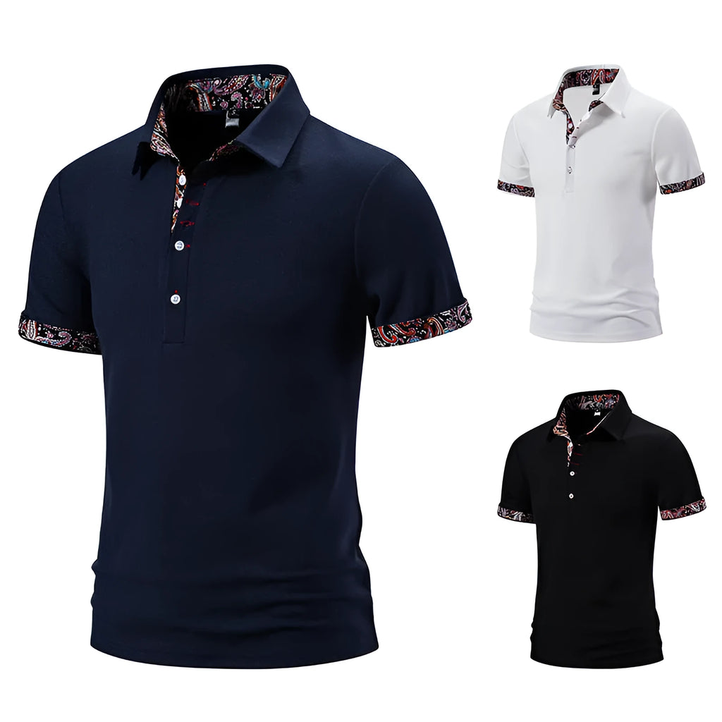 Men's European size polo shirt with colour stitching on turnover collar in cotton blend fabric