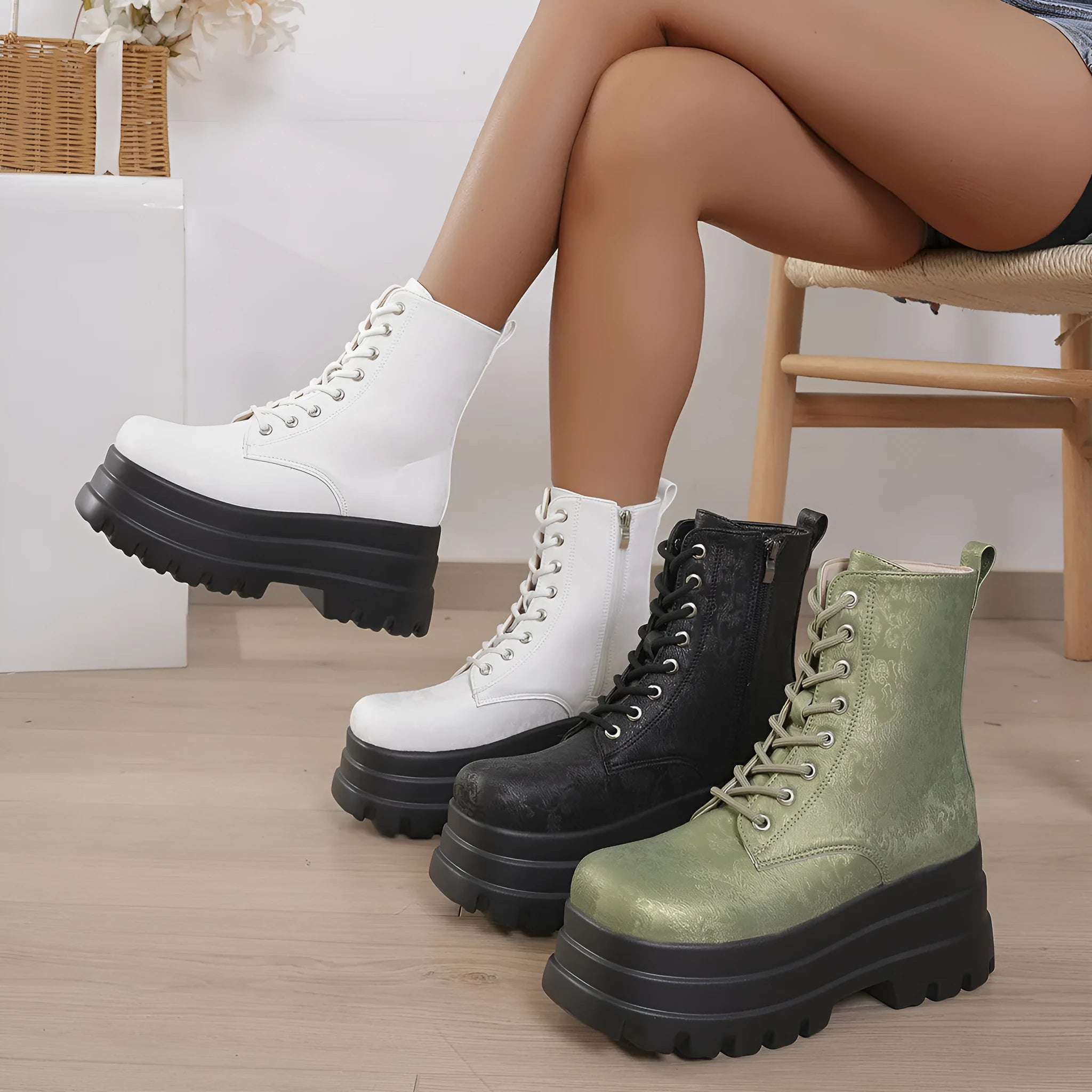 Women's white retro platform Martin boots with patchwork design, chunky heel, and side zipper