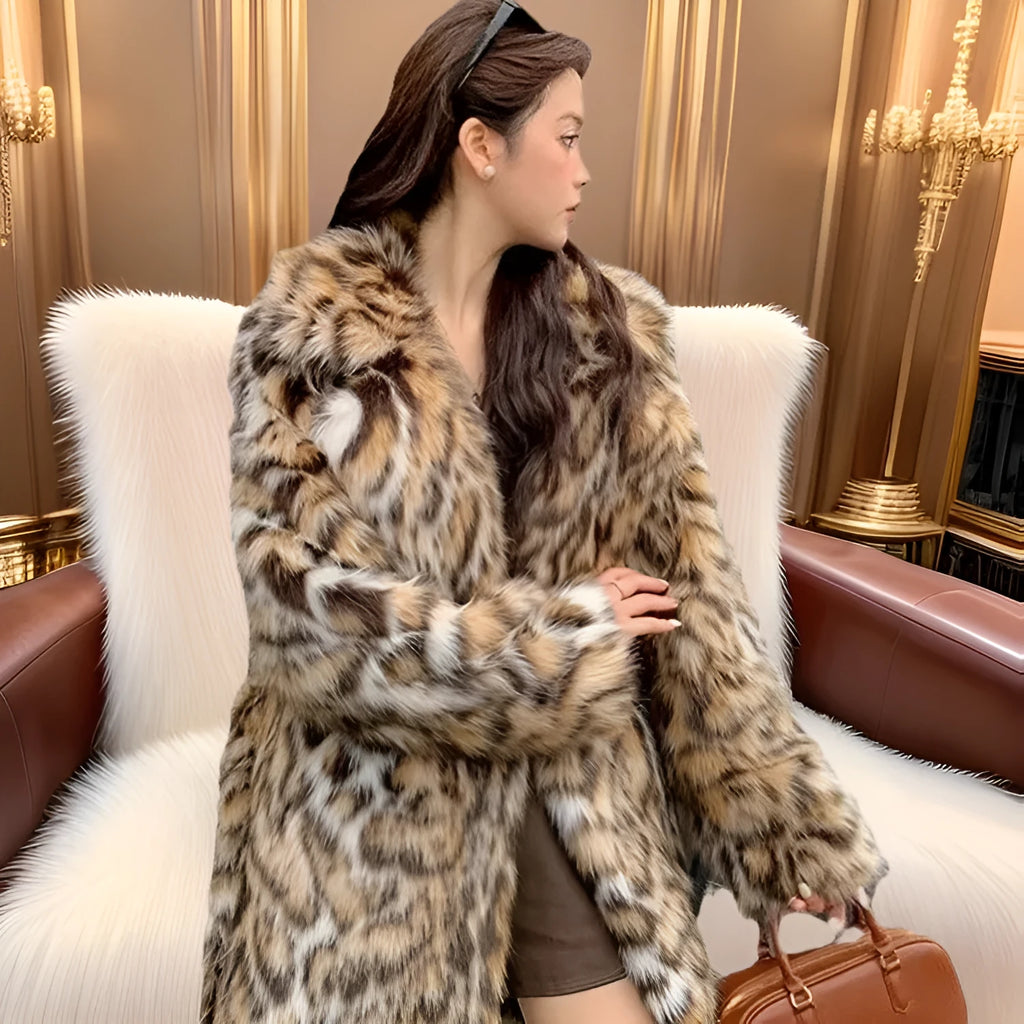 Women's mid-length faux fur coat with detachable fur collar and pockets