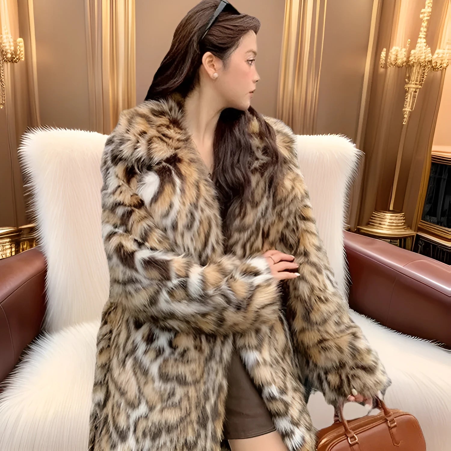 Women's mid-length faux fur coat with detachable fur collar and pockets