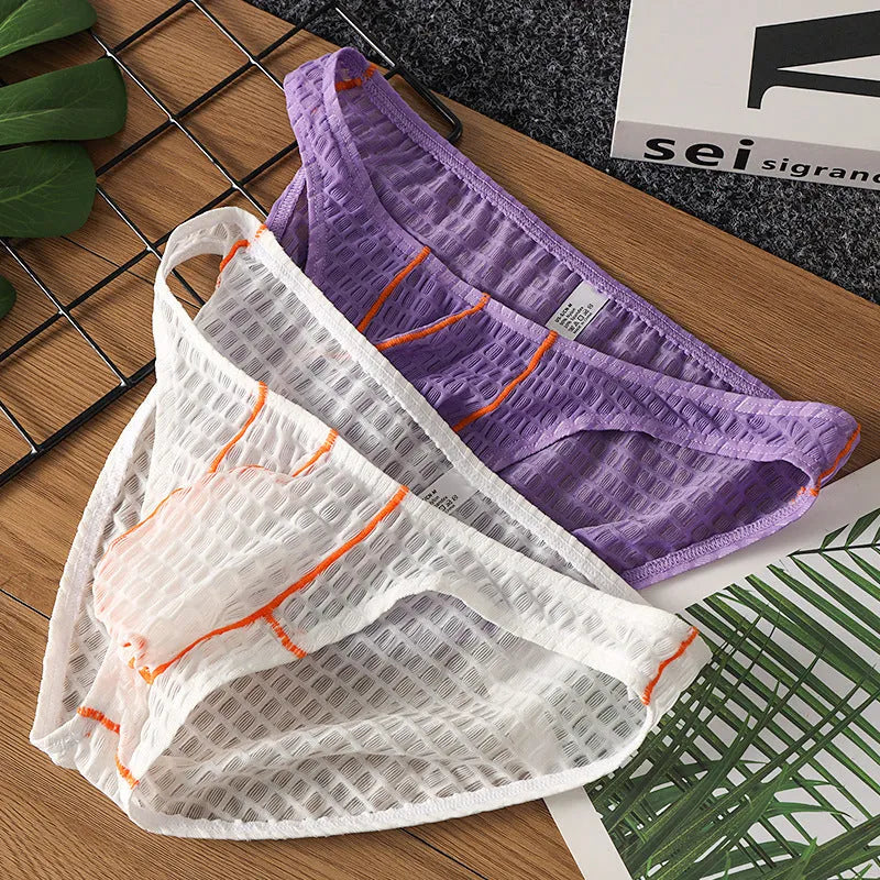 Men's low waist lace briefs in five colours: white, black, green, rose red, and light purple
