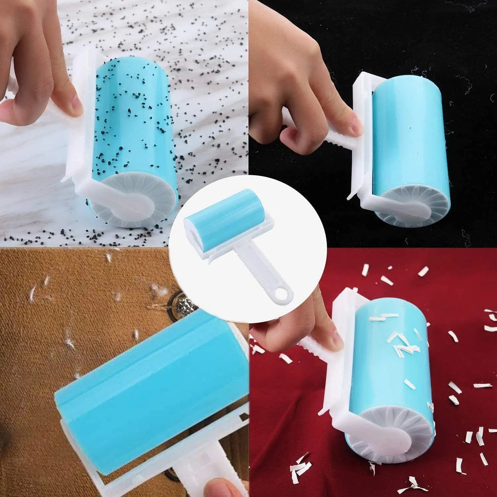 Blue washable reusable lint roller with cover for removing pet hair from clothes