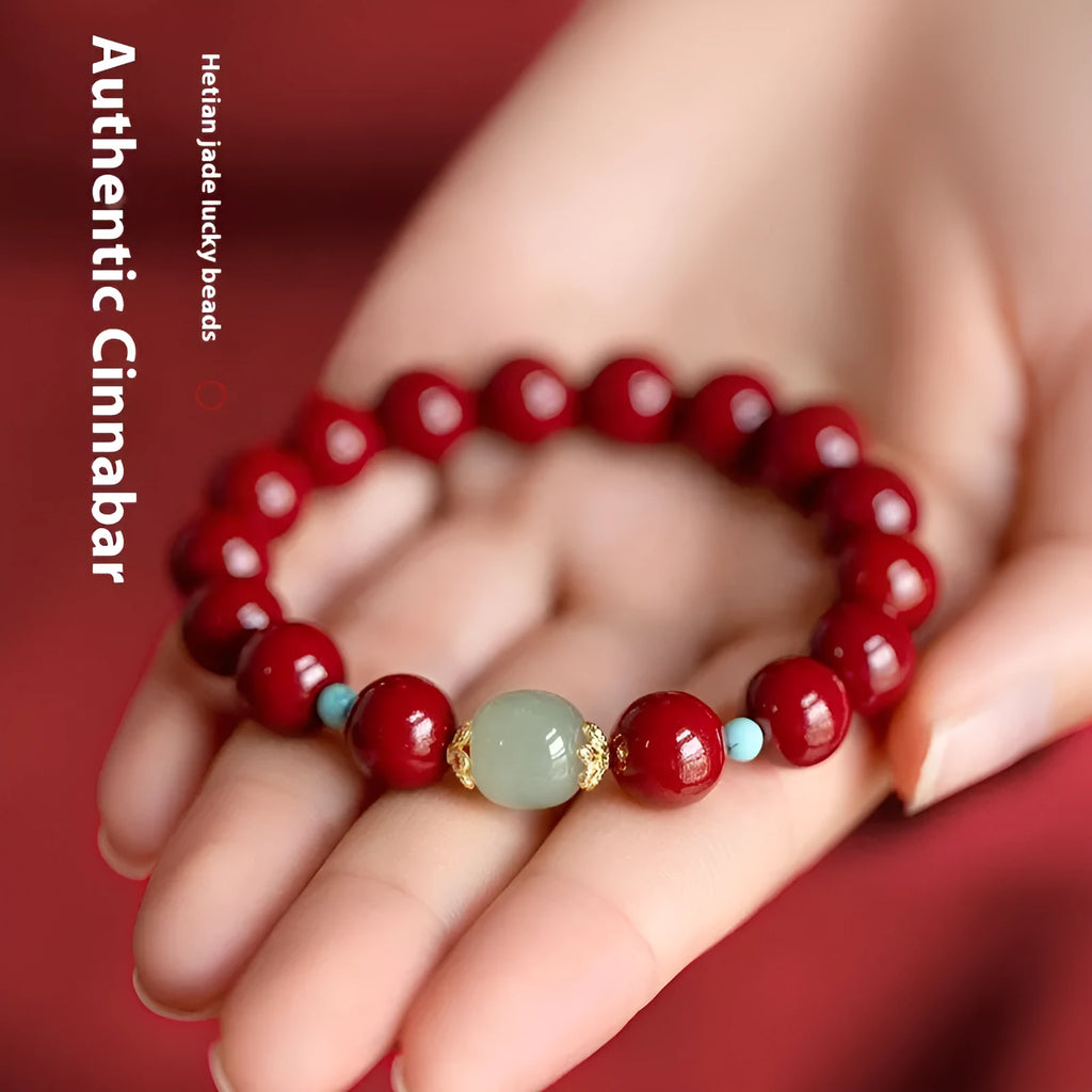 Cinnabar Hetian Jade beads bracelet with elliptical geometric shape in purple gold sand colour