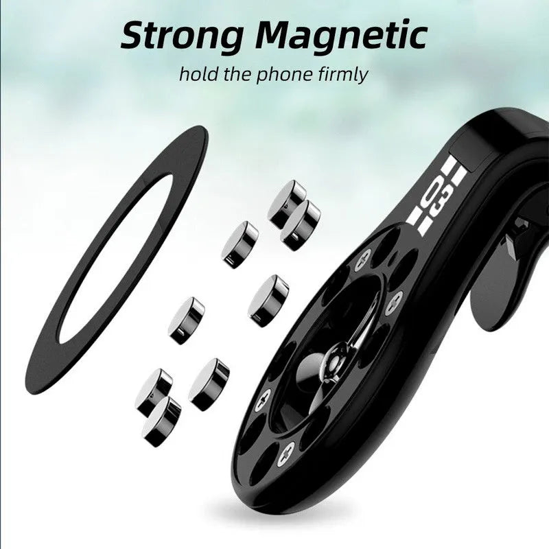 Black magnetic car air vent phone holder with adjustable mount and fragrance slice compartment.