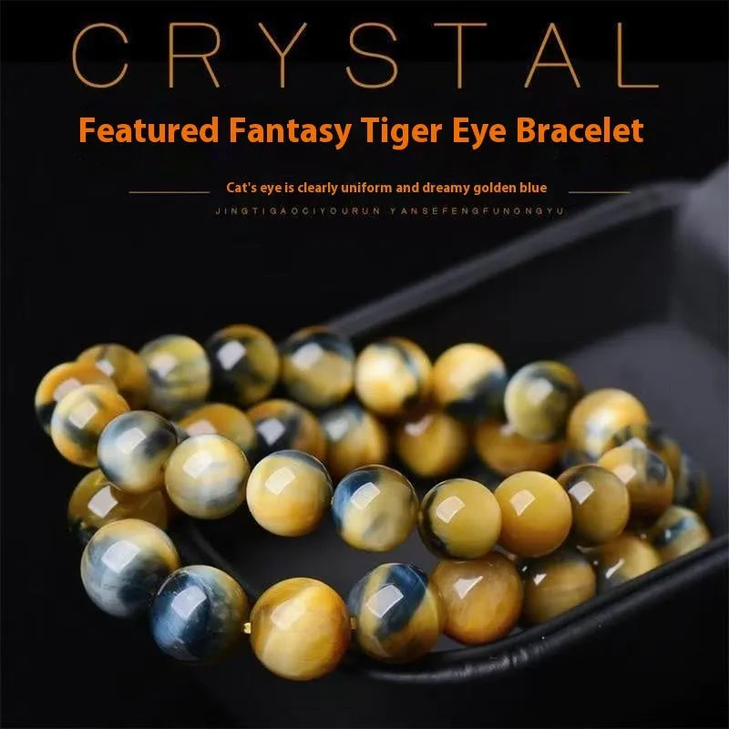 Fantasy Tiger Eye agate bracelet with round beads on a wrist, showing 10mm bead size.